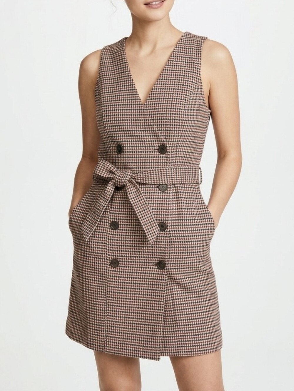 Frank And Oak Houndstooth Double-Breasted Trench Vest Dress